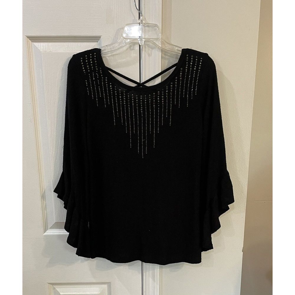 Vocal Women's Black Rhinestone Accent Quarter Sleeves Shirt Sz S Super Soft